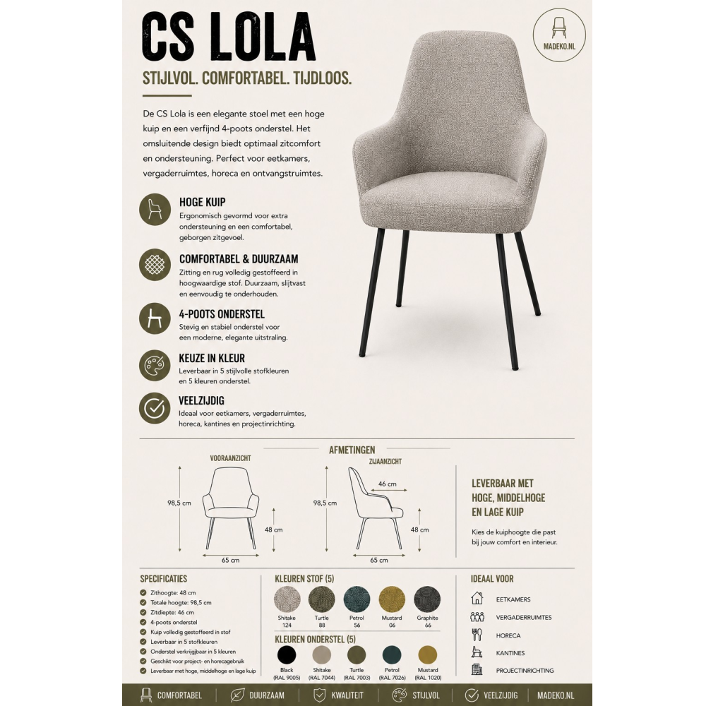 CS Lola vierpoots stoel – hoge kuip | zithoogte 48 cm