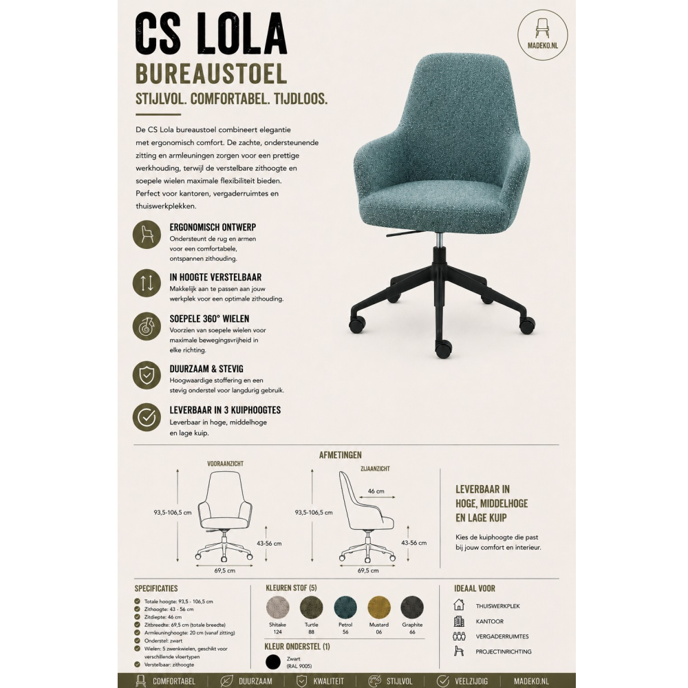 CS Lola bureaustoel – hoge kuip met wielen | zithoogte 43 – 56 cm